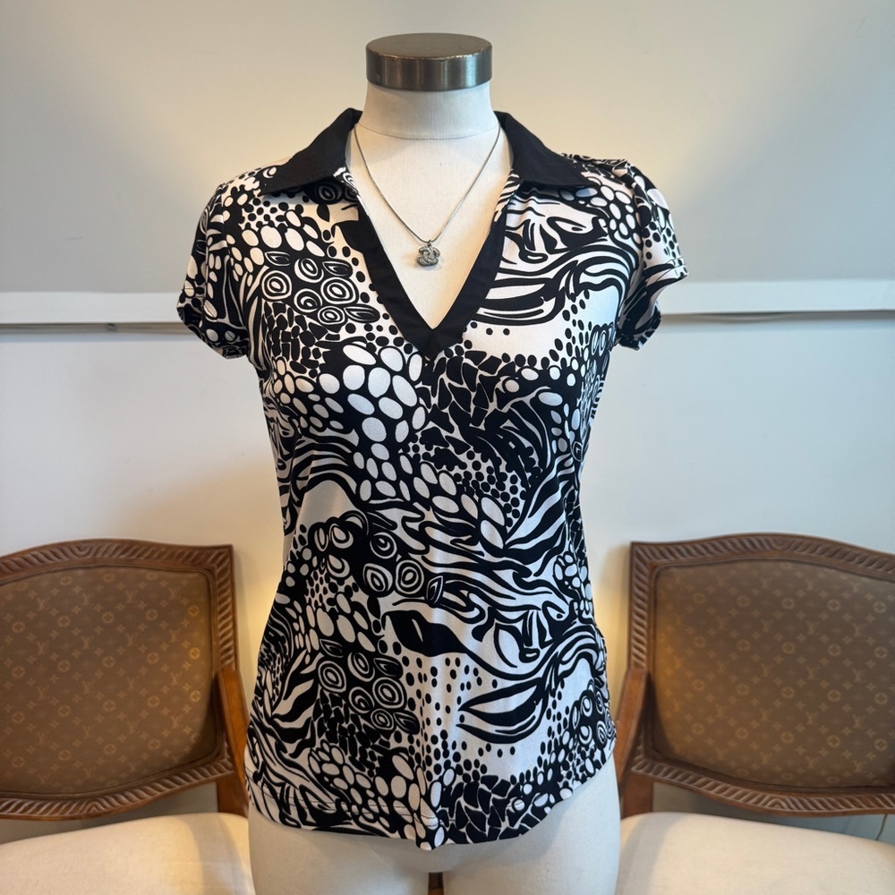 BUGATCHI Women's Silk Polo Shirt, Black & White Abstract Print AOP, Size M